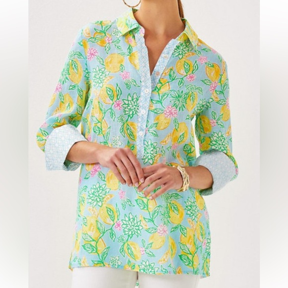 Lilly Pulitzer Tops - Lilly Pulitzer Sz XXS Riverlyn Pieced Print Tunic Bluette Make Lemonade in Linen